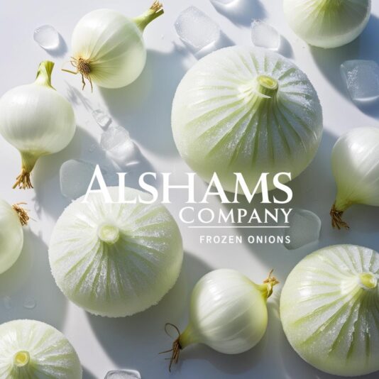 تصميم اعلان عن البصل المجمد ومكتوب اسمه بالانجليزى واسم )(Alshams company)