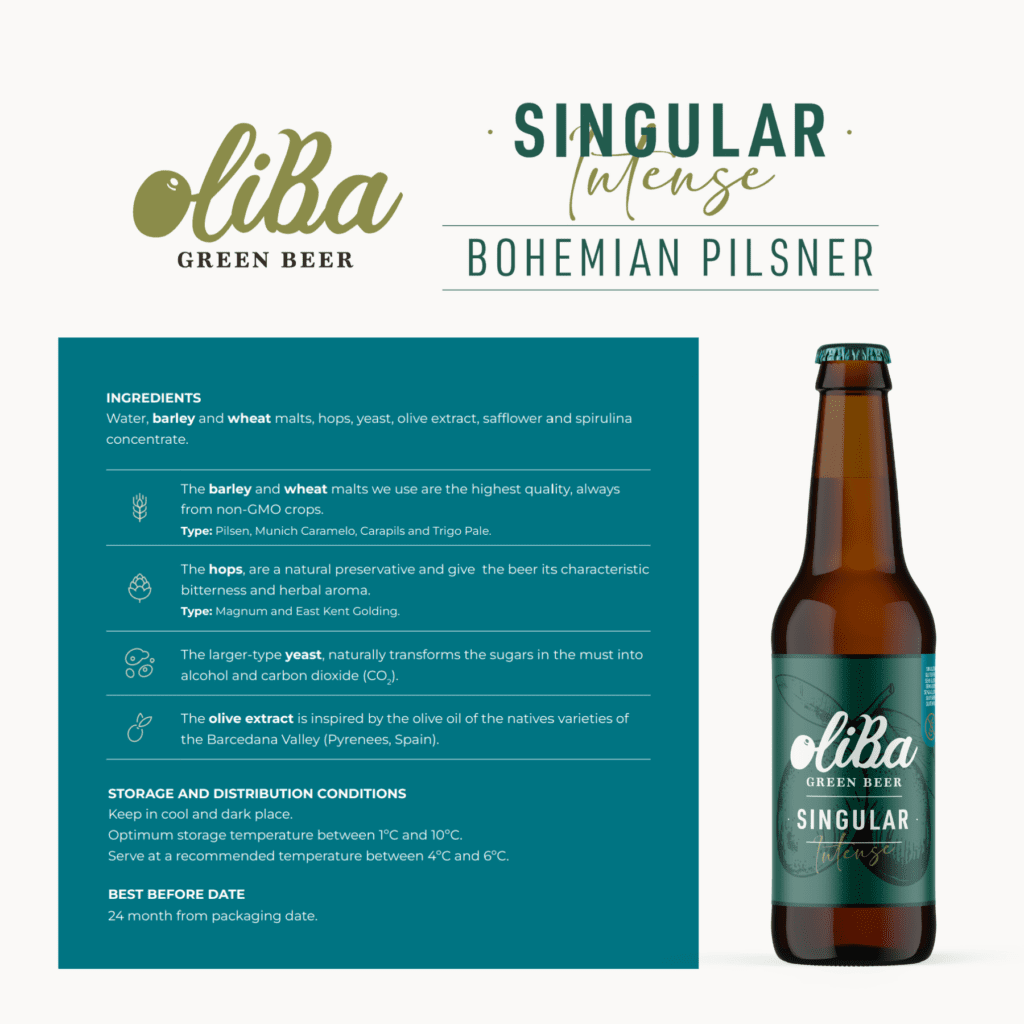 Oliba Green Beer | SINGULAR 5,5% | The first green beer in the world with olives. Gluten free, craft in the Bohemian Pilsner style with 100% natural ingredients.
