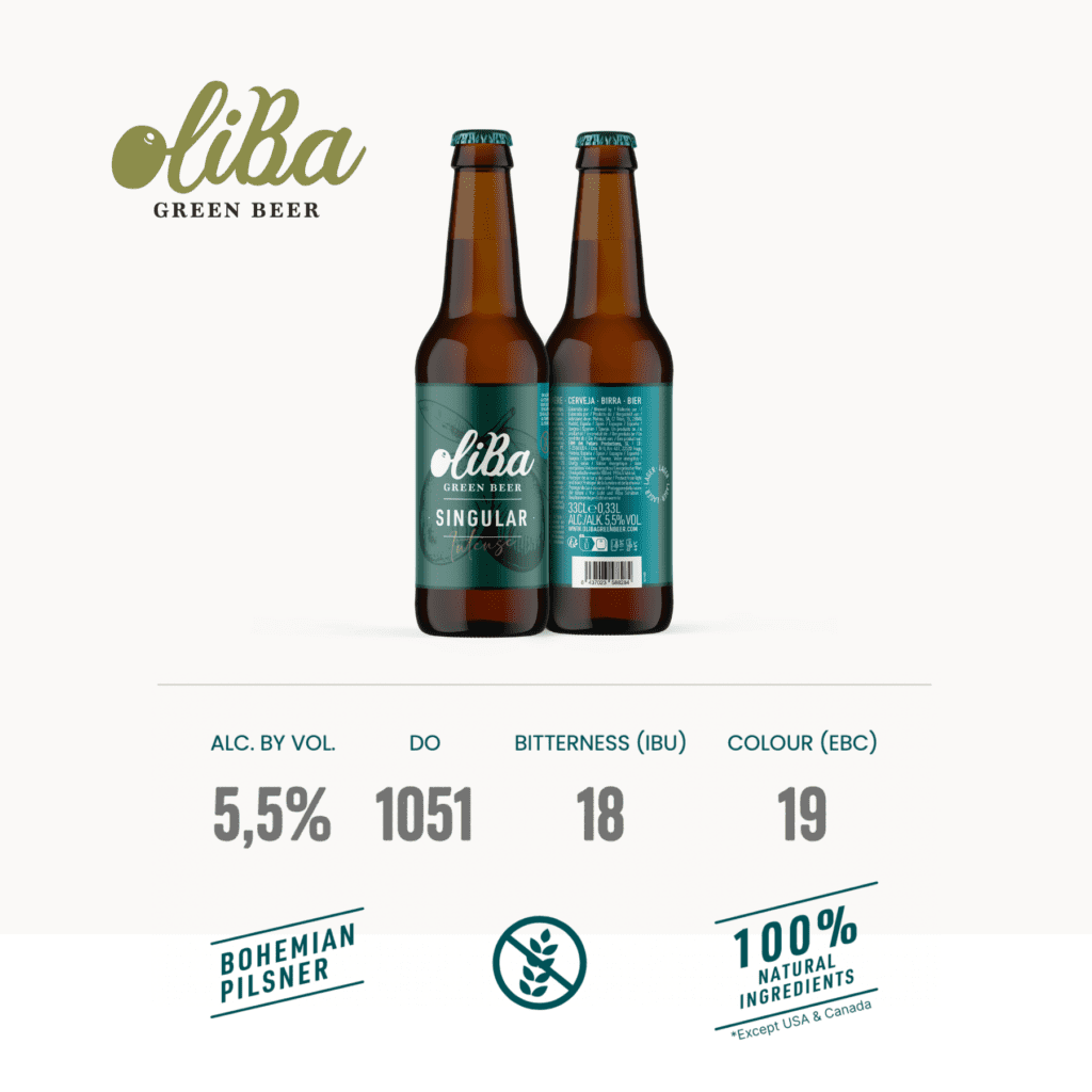 Oliba Green Beer | SINGULAR 5,5% | The first green beer in the world with olives. Gluten free, craft in the Bohemian Pilsner style with 100% natural ingredients.