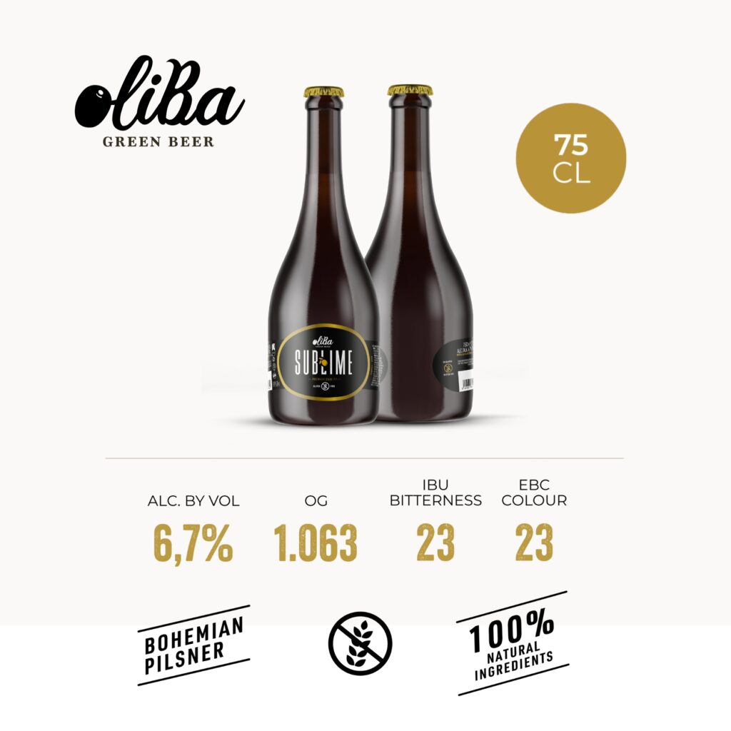 Bière verte Oliba | SUBLIME 75CL · 6,7% | La première bière verte au monde aux olives. Sans gluten, artisanal dans le style Bohemian Pilsner avec des ingrédients 100 % naturels.