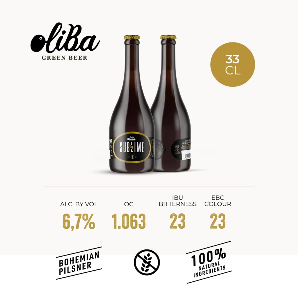 Bière verte Oliba | SUBLIME 33CL · 6,7% | La première bière verte au monde aux olives. Sans gluten, artisanal dans le style Bohemian Pilsner avec des ingrédients 100 % naturels.